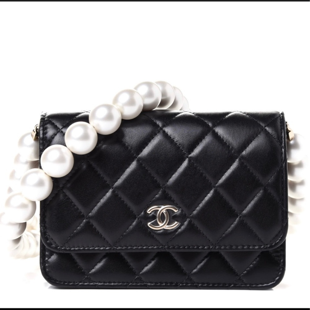 CHANEL Calfskin Quilted Pearl Mini Wallet On Chain WOC Black